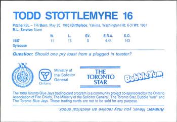 1988 Toronto Blue Jays Fire Safety #NNO Todd Stottlemyre Back