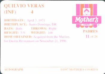 1997 Mother's Cookies San Diego Padres #11 Quilvio Veras Back