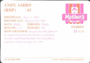 1997 Mother's Cookies San Diego Padres #21 Andy Ashby Back