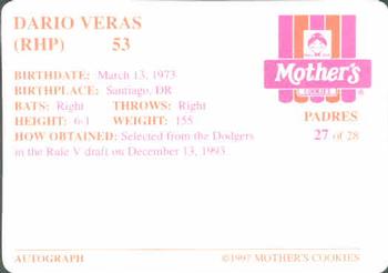 1997 Mother's Cookies San Diego Padres #27 Dario Veras Back