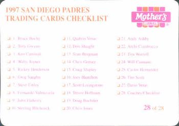 1997 Mother's Cookies San Diego Padres #28 Coaches & Checklist (Greg Booker / Tim Flannery / Davey Lopes / Rob Picciolo / Merv Rettenmund / Dan Warthen) Back