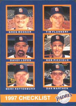 1997 Mother's Cookies San Diego Padres #28 Coaches & Checklist (Greg Booker / Tim Flannery / Davey Lopes / Rob Picciolo / Merv Rettenmund / Dan Warthen) Front