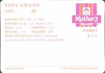 1997 Mother's Cookies San Diego Padres #2 Tony Gwynn Back
