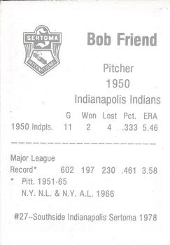1978 Sertoma 1950 Indianapolis Indians #27 Bob Friend Back