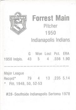 1978 Sertoma 1950 Indianapolis Indians #28 Forrest Main Back