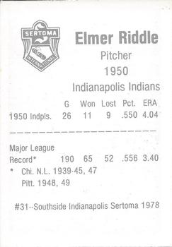 1978 Sertoma 1950 Indianapolis Indians #31 Elmer Riddle Back