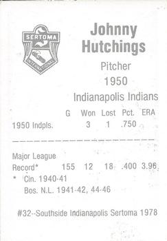 1978 Sertoma 1950 Indianapolis Indians #32 Johnny Hutchings Back