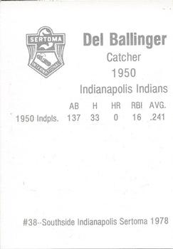 1978 Sertoma 1950 Indianapolis Indians #38 Del Ballinger Back