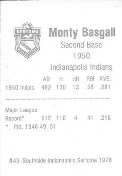 1978 Sertoma 1950 Indianapolis Indians #43 Monty Basgall Back