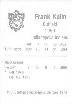 1978 Sertoma 1950 Indianapolis Indians #50 Frank Kalin Back