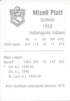 1978 Sertoma 1950 Indianapolis Indians #54 Mizell Platt Back