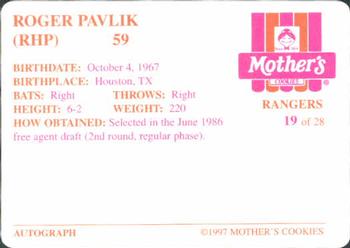 1997 Mother's Cookies Texas Rangers #19 Roger Pavlik Back
