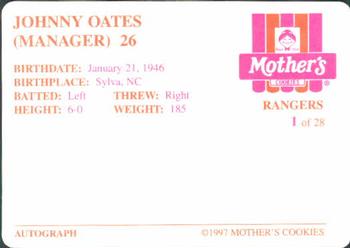 1997 Mother's Cookies Texas Rangers #1 Johnny Oates Back