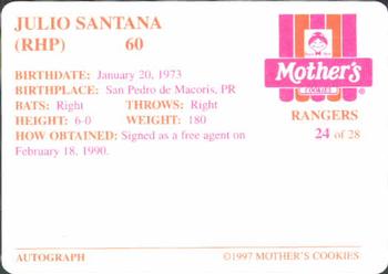 1997 Mother's Cookies Texas Rangers #24 Julio Santana Back