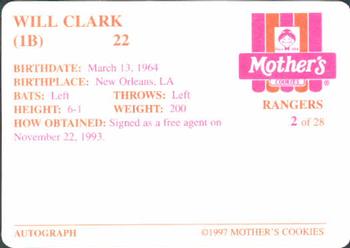 1997 Mother's Cookies Texas Rangers #2 Will Clark Back