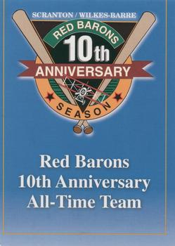 1998 Scranton/Wilkes-Barre Red Barons 10th Anniversary All-Time Team #NNO Title Card Front