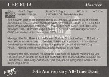 1998 Scranton/Wilkes-Barre Red Barons 10th Anniversary All-Time Team #NNO Lee Elia Back