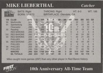 1998 Scranton/Wilkes-Barre Red Barons 10th Anniversary All-Time Team #NNO Mike Lieberthal Back