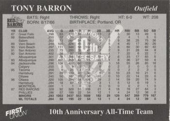 1998 Scranton/Wilkes-Barre Red Barons 10th Anniversary All-Time Team #NNO Tony Barron Back