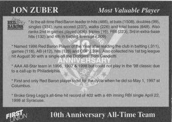 1998 Scranton/Wilkes-Barre Red Barons 10th Anniversary All-Time Team #NNO Jon Zuber Back