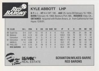 1993 Scranton/Wilkes-Barre Red Barons #2 Kyle Abbott Back