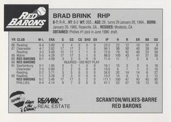 1993 Scranton/Wilkes-Barre Red Barons #5 Brad Brink Back
