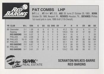1993 Scranton/Wilkes-Barre Red Barons #6 Pat Combs Back
