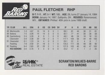 1993 Scranton/Wilkes-Barre Red Barons #8 Paul Fletcher Back