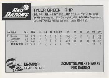 1993 Scranton/Wilkes-Barre Red Barons #9 Tyler Green Back