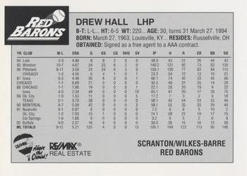 1993 Scranton/Wilkes-Barre Red Barons #10 Drew Hall Back