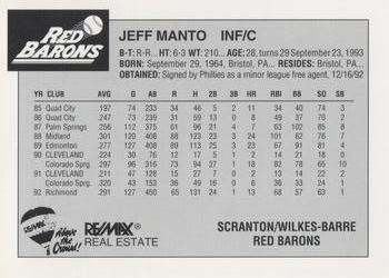 1993 Scranton/Wilkes-Barre Red Barons #15 Jeff Manto Back