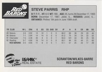 1993 Scranton/Wilkes-Barre Red Barons #19 Steve Parris Back