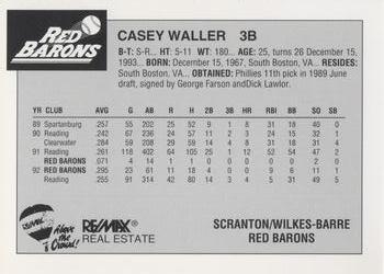 1993 Scranton/Wilkes-Barre Red Barons #24 Casey Waller Back