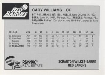 1993 Scranton/Wilkes-Barre Red Barons #25 Cary Williams Back