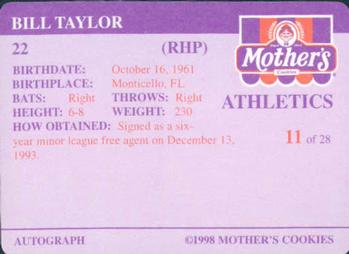 1998 Mother's Cookies Oakland Athletics #11 Bill Taylor Back