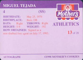 1998 Mother's Cookies Oakland Athletics #13 Miguel Tejada Back