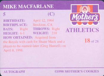 1998 Mother's Cookies Oakland Athletics #18 Mike Macfarlane Back