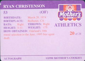 1998 Mother's Cookies Oakland Athletics #20 Ryan Christenson Back