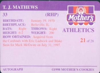 1998 Mother's Cookies Oakland Athletics #21 T.J. Mathews Back