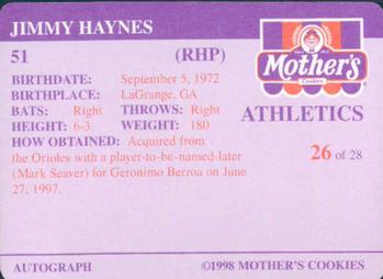 1998 Mother's Cookies Oakland Athletics #26 Jimmy Haynes Back