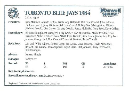 1992 Maxwell House Toronto Blue Jays #NNO 1984 Toronto Blue Jays Team Photo Back