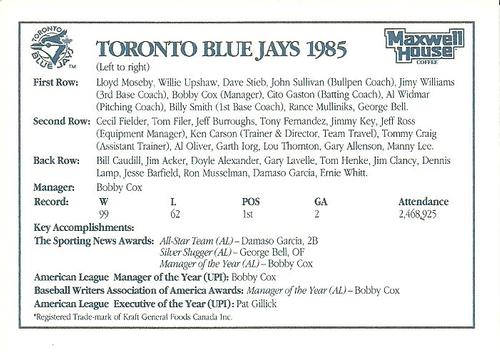 1992 Maxwell House Toronto Blue Jays #NNO 1985 Toronto Blue Jays Team Photo Back
