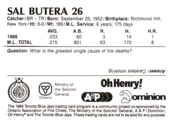 1989 Toronto Blue Jays Fire Safety #NNO Sal Butera Back