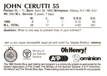 1989 Toronto Blue Jays Fire Safety #NNO John Cerutti Back