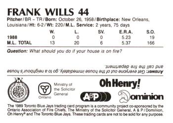 1989 Toronto Blue Jays Fire Safety #NNO Frank Wills Back
