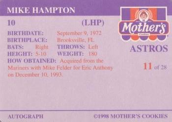 1998 Mother's Cookies Houston Astros #11 Mike Hampton Back