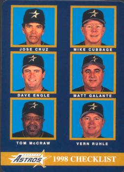 1998 Mother's Cookies Houston Astros #28 Coaches & Checklist (Jose Cruz / Mike Cubbage / Dave Engle / Matt Galante / Tom McCraw / Vern Ruhle) Front