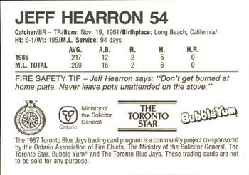 1987 Toronto Blue Jays Fire Safety #NNO Jeff Hearron Back