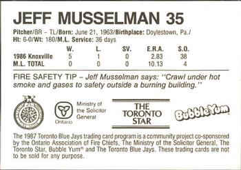 1987 Toronto Blue Jays Fire Safety #NNO Jeff Musselman Back