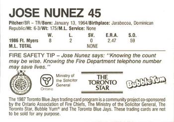 1987 Toronto Blue Jays Fire Safety #NNO Jose Nunez Back